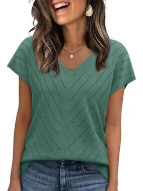 Women's Green D Trendy Summer Tops Sweater Pullover V-Neck Pull On Short Sleeve